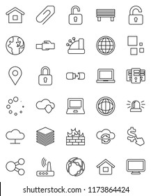 thin line vector icon set - notebook pc vector, world, dollar cursor, connection, cloud network, shield, exchange, big data, server, firewall, router, lan connector, share, bench, loading, globe