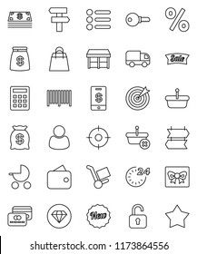 thin line vector icon set - gift vector, credit card, wallet, cash, money bag, sale, new, 24 hour, shopping, percent, market, customer, target, barcode, basket, calculator, trolley, delivery, unlock