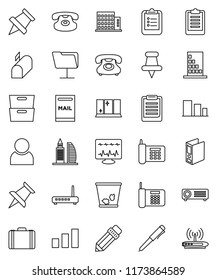 thin line vector icon set - trash bin vector, shining window, pencil, pen, clipboard, paper pin, archive, case, binder, phone, sorting, classic, thumbtack, diagnostic monitor, network folder, user