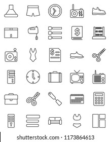 thin line vector icon set - spatula vector, mixer, scissors, abacus, case, annual report, clock, snickers, shorts, swimsuite, calendar, radio, menu, cushioned furniture, calculator, hood, computer
