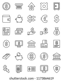 thin line vector icon set - bank vector, exchange, dollar coin, gold ingot, credit card, wallet, money bag, piggy, investment, growth, receipt, shield, safe, monitor, cursor, any currency, euro sign