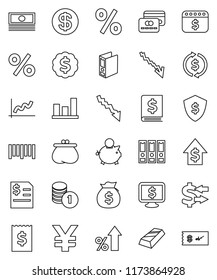 thin line vector icon set - exchange vector, graph, gold ingot, cash, crisis, percent growth, money bag, piggy bank, dollar, coin stack, annual report, receipt, binder, medal, shield, calendar
