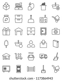 thin line vector icon set - scoop vector, washing powder, cereal, pasta, archive, safe, first aid kit, wood box, cargo, no trolley, warehouse, package, radio, relocation truck, mailbox, gift, basket