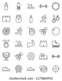 thin line vector icon set - award cup vector, target, barbell, weight, punching bag, fitball, muscule hand, snickers, shorts, roller Skates, medal, sports nutrition, water bottle, shuttlecock, pool