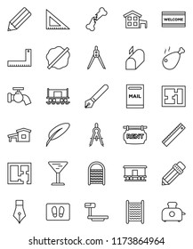 thin line vector icon set - water tap vector, splotch, welcome mat, washboard, chicken leg, pen, pencil, corner ruler, drawing compass, Railway carriage, glass, big scales, broken bone, cottage
