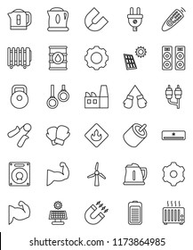 thin line vector icon set - kettle vector, magnet, weight, hand trainer, muscule, boxing glove, gymnast rings, flammable, oil barrel, remote control, battery, rca, gear, solar panel, windmill
