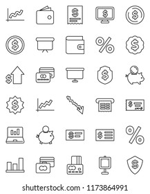 thin line vector icon set - presentation vector, dollar coin, graph, laptop, credit card, wallet, crisis, piggy bank, growth, check, receipt, board, medal, shield, monitor, percent