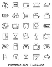 thin line vector icon set - kettle vector, glasses, alarm clock, abacus, money bag, sand, phone, film frame, tv, video camera, microphone, classic, fridge, closed, kitchen scales, sewing machine