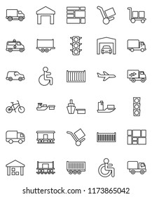 thin line vector icon set - bike vector, Railway carriage, plane, traffic light, ship, truck trailer, sea container, delivery, car, port, consolidated cargo, warehouse, disabled, amkbulance, garage