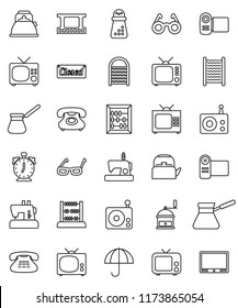 thin line vector icon set - washboard vector, kettle, hand mill, turk coffee, glasses, alarm clock, abacus, phone, umbrella, film frame, radio, tv, classic, closed, video camera, sewing machine
