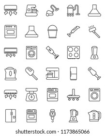 thin line vector icon set - vacuum cleaner vector, bucket, scales, oven, blender, air conditioner, fridge, washer, coffee maker, hood, kettle