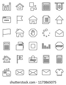 thin line vector icon set - calculator vector, flag, arrow up, dollar, document, equalizer, mail, stop button, browser, home, loading, house, buy, clothes