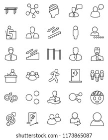 thin line vector icon set - student vector, manager, man, horizontal bar, stairways run, client, speaking, social media, group, gender sign, head bandage, medical room, doctor, share, login