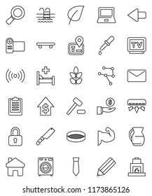 thin line vector icon set - washer vector, knife, jug, sieve, pencil, notebook pc, magnifier, leaf, investment, dollar growth, tie, clipboard, muscule hand, skateboard, cereals, pool, navigator, tv