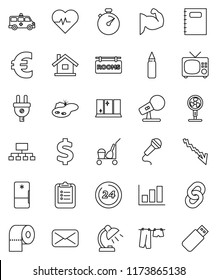 thin line vector icon set - cleaner trolley vector, drying clothes, shining window, toilet paper, copybook, table lamp, clipboard, graph, crisis, hierarchy, euro sign, dollar, heart pulse, stopwatch