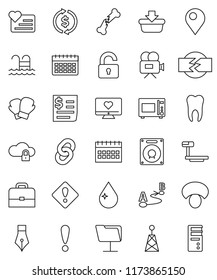 thin line vector icon set - water drop vector, microwave oven, mushroom, pen, case, exchange, calendar, boxing glove, pool, heart monitor, attention, receipt, big scales, route, antenna, broken bone