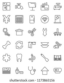 thin line vector icon set - vacuum cleaner vector, water tap, drying clothes, shining window, spatula, plates, scissors, calculator, arrow up, yen sign, swimsuite, breads, bone, route, port, tooth