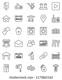 thin line vector icon set - map pin vector, calendar, top sign, no trolley, warehouse, music hit, gamepad, group, mail, play button, gender, broken bone, chromosomes, potion, server, attachment