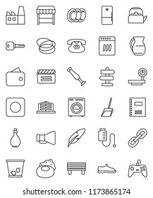 thin line vector icon set - soap vector, scoop, trash bin, plates, kettle, oil, jug, copybook, pen, snickers, hoop, signpost, big scales, cinema clap, loudspeaker, classic phone, rec button, bench