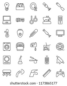 thin line vector icon set - cleaner trolley vector, water tap, sponge, steaming, cook press, spatula, rolling pin, blender, thermometer, ruler, gymnast rings, oxygen, film spool, remote control