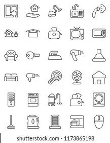 thin line vector icon set - vacuum cleaner vector, mop, iron, steaming, house hold, sink, oven, dry cargo, home, chalet, plan, search estate, cushioned furniture, tv, building, password, hood, fan