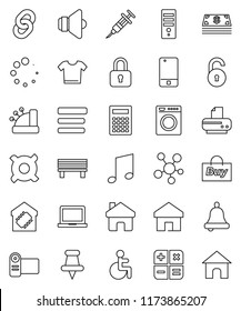 thin line vector icon set - bell vector, calculator, notebook pc, music, any currency, speaker, mobile phone, social media, thumbtack, disabled, syringe, menu, home, bench, loading, chain, unlock