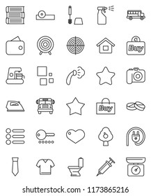 thin line vector icon set - iron vector, steaming, toilet, brush, sprayer, book, school bus, tie, target, camera, heart, syringe, pills, eye doctor hat, loading, house, fruit tree, wallet, star, buy