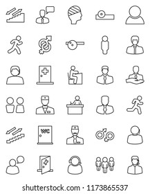 thin line vector icon set - water closet vector, student, manager, man, stairways run, support, client, speaking, doctor, gender sign, eye hat, head bandage, medical room, consumer