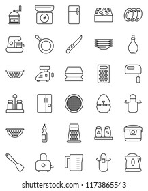 thin line vector icon set - sponge vector, plates, pan, oil, colander, measuring cup, apron, cook timer, spatula, knife, hand mill, grater, toaster, spices, sieve, fridge, mixer, coffee maker