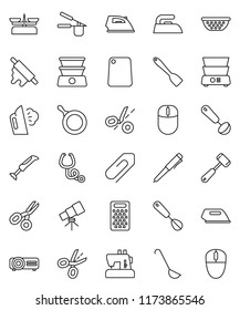 thin line vector icon set - iron vector, steaming, pan, colander, cook press, whisk, spatula, ladle, rolling pin, meat hammer, cutting board, grater, double boiler, pen, telescope, scissors, coupon