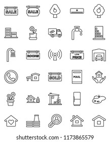 thin line vector icon set - house hold vector, cottage, chalet, pond, mailbox, water supply, fruit tree, garage, sale signboard, rooms, sold, low price, apartments, client search, bath, love home