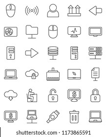 thin line vector icon set - trash bin vector, student, notebook pc, monitor dollar, top sign, hdmi, diagnostic, network, folder, server, cloud lock, lan connector, arrow, download, document, user