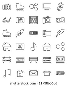 thin line vector icon set - welcome mat vector, pen, glasses, music, cash, calculator, roller Skates, money, dry cargo, monitor, link, mail, share, home, bench, fence, rooms signboard, camera, video