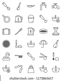 thin line vector icon set - broom vector, fetlock, bucket, water tap, car, toilet brush, pan, kettle, cook press, whisk, spatula, sieve, case, hand trainer, umbrella, supply, shopping bag, basket