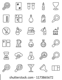 thin line vector icon set - scraper vector, window cleaning, shining, oil, measuring cup, hand mill, magnifier, flask, no alcohol sign, glass, cargo search, vial, sand clock, potion, cloud, estate