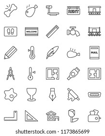 thin line vector icon set - water tap vector, splotch, welcome mat, rolling pin, thermometer, chicken leg, pen, pencil, corner ruler, drawing compass, Railway carriage, glass, tulip, big scales