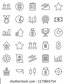 thin line vector icon set - graduate hat vector, clipboard, award cup, certificate, graph, pie, japanese candle, money bag, dollar growth, bank building, sign, target, medal, stairways run, top