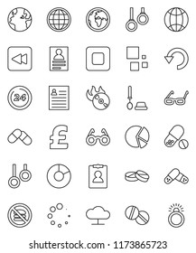 thin line vector icon set - toilet brush vector, glasses, personal information, pie graph, pound, pills, no fastfood, gymnast rings, earth, music hit, stop button, backward, cloud network, undo