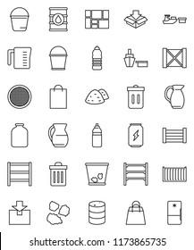 thin line vector icon set - bucket vector, trash bin, garbage pile, measuring cup, jug, sieve, jar, enegry drink, water bottle, sea container, port, wood box, consolidated cargo, package, oil barrel
