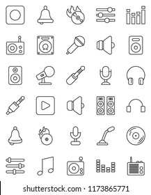 thin line vector icon set - bell vector, music, disk, hit, microphone, radio, speaker, equalizer, headphones, play button, rec, jack