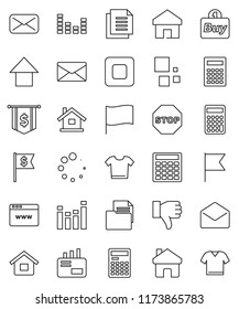 thin line vector icon set - calculator vector, flag, arrow up, dollar, document, equalizer, finger down, mail, stop button, browser, home, loading, house, buy, clothes