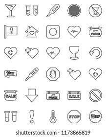 thin line vector icon set - sieve vector, arrow down, heart pulse, prohibition sign, no alcohol, cross, attention, glass, rec button, thermometer, vial, undo, stop, sale signboard, low price, new