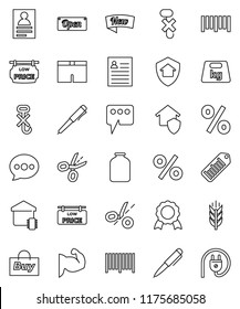 thin line vector icon set - jar vector, pen, medal, personal information, muscule hand, shorts, cereals, no hook, weight, barcode, message, low price signboard, smart home, protect, new, open, buy
