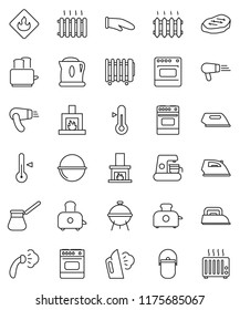 thin line vector icon set - iron vector, steaming, camping cauldron, cook glove, turk coffee, toaster, oven, thermometer, bbq, steak, flammable, fireplace, heating, maker, hair dryer, kettle, heater