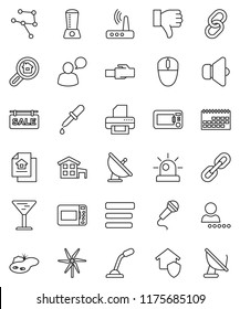 thin line vector icon set - calendar vector, glass, satellite antenna, speaker, speaking man, link, finger down, dropper, network, menu, router, lan connector, chain, login, cottage, pond, windmill