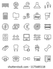 thin line vector icon set - water tap vector, bbq, dollar coin, gold ingot, investment, calculator, euro sign, heart monitor, bone, phone, top, barcode, notebook pc, speaker, hospital building, buy