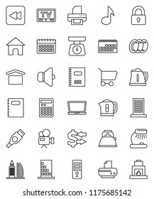 thin line vector icon set - plates vector, kettle, scales, copybook, table lamp, calculator, music, exchange, calendar, dry cargo, speaker, tv, video camera, backward button, hdmi, office building