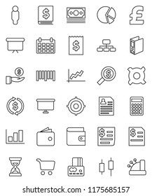 thin line vector icon set - exchange vector, graph, pie, cart, japanese candle, credit card, wallet, investment, annual report, calculator, receipt, money search, target, man, binder, sand clock