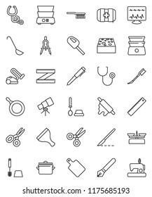 thin line vector icon set - scraper vector, fetlock, sponge, car, toilet brush, pan, ladle, rolling pin, cutting board, double boiler, pen, ruler, drawing compass, telescope, scissors, measuring