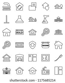 thin line vector icon set - plunger vector, fetlock, mop, car, window cleaning, welcome mat, sink, university, school building, home, chalet, garage, plan, estate document, rooms signboard, sold